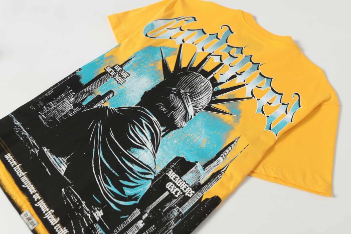 Godspeed Blue White Gradient Gothic Script Front View Statue Of Liberty City Skyscraper Crowd Graphic T-Shirt 2 colors 29353554