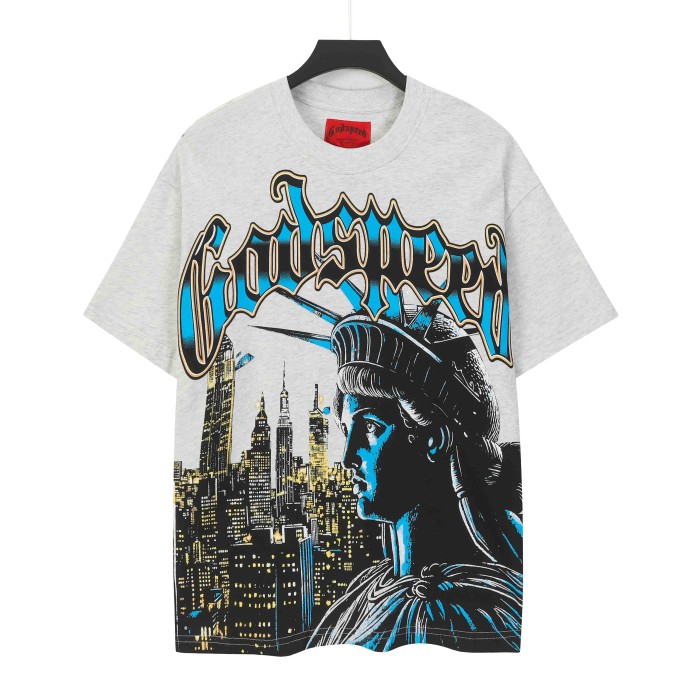 Godspeed Liberty Statue Night Building Gothic Letter Print Back Full Standing Torch Statue Moon Night Graphic T-Shirt 2 colors 29353556