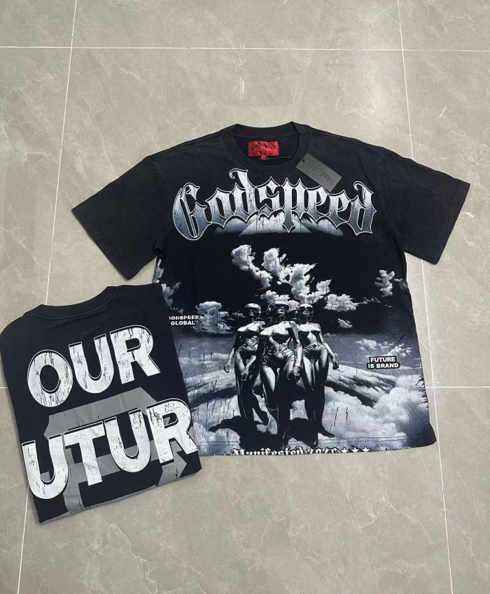 Godspeed Hip Hop Streetwear Front Silver Gradient Gothic Script Three Female Figures Cloud Sky Monochrome Cracked Graphic T-Shirt 2 colors 29353191