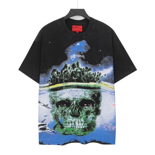 Godspeed Front White Cursive Script Coral Covered Skull Underwater Palm Island Shark Starry Sky T-Shirt 29353442