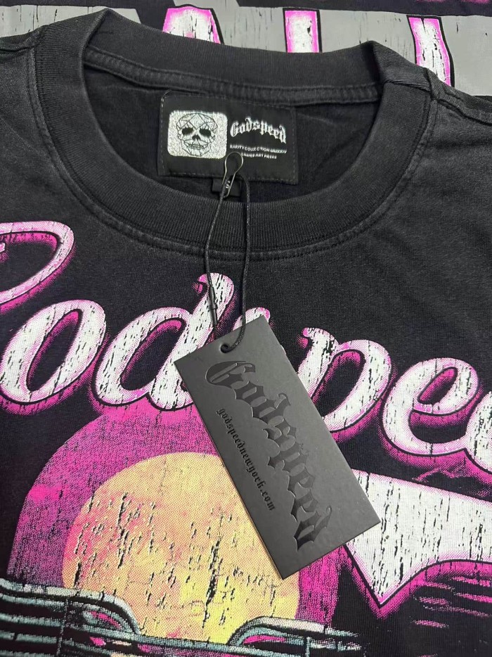 Godspeed Streetwear Front Pink White Gradient Cursive Script Cowboy Skeleton Pink Sports Car Palm Tree Sunset Storefront T-Shirt 2 colors 29353195