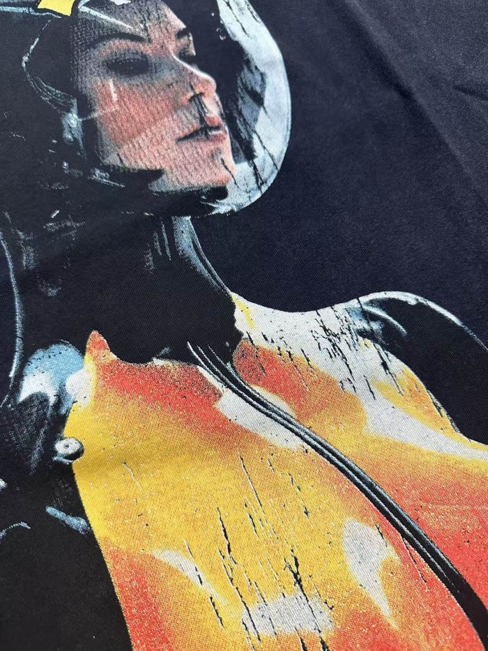 Godspeed Y2K Hip Hop Streetwear Front Yellow Blue Outline Gothic Script Helmeted Cyborg Female Figure Cracked T-Shirt 29353201