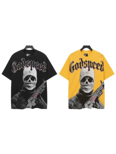 Godspeed Front Black Red Outline Gothic Font Balaclava Skeleton Figure With Rifle Cracked Graphic T-Shirt 2 colors 29353183