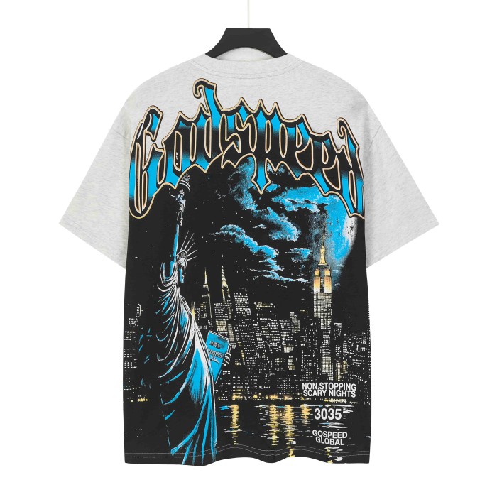 Godspeed Liberty Statue Night Building Gothic Letter Print Back Full Standing Torch Statue Moon Night Graphic T-Shirt 2 colors 29353556