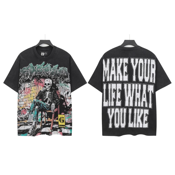 Godspeed Urban Graffiti Hip Hop Streetwear Front Multicolor Bubble Graffiti Script Seated Skeleton Brick Graffiti Wall Graphic T-Shirt 2 colors 29353186