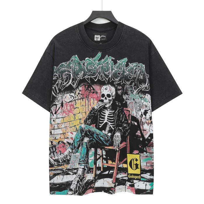 Godspeed Urban Graffiti Hip Hop Streetwear Front Multicolor Bubble Graffiti Script Seated Skeleton Brick Graffiti Wall Graphic T-Shirt 2 colors 29353186