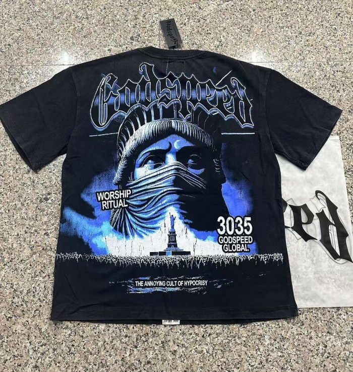 Godspeed Streetwear Front Blue Gradient Outline Gothic Script Bandaged Blindfold Statue Of Liberty City Skyline T-Shirt 2 colors 29353188