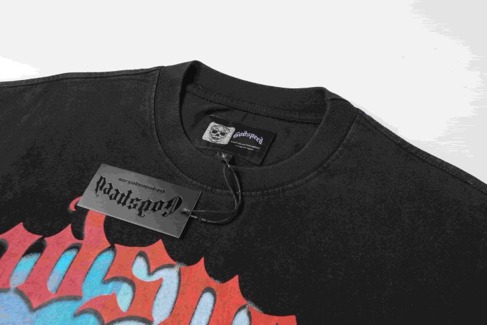 Godspeed Red Outline Gothic Script Single Red Rose Growing On City Street Skyscraper Building Graphic T-Shirt 2 colors 29353544