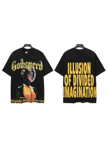 Godspeed Y2K Hip Hop Streetwear Front Yellow Blue Outline Gothic Script Helmeted Cyborg Female Figure Cracked T-Shirt 29353201