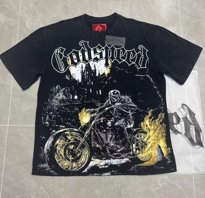 Godspeed Streetwear Front White Outline Gothic Script Helmeted Skeleton Motorcycle Rider Cemetery Castle Fire Flame T-Shirt 29353200
