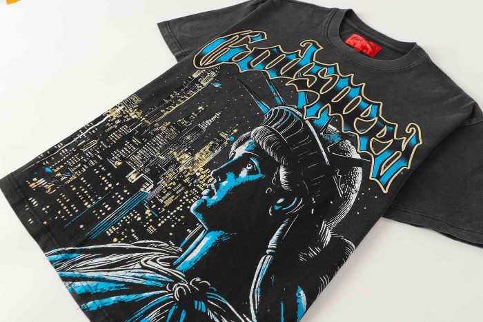 Godspeed Liberty Statue Night Building Gothic Letter Print Back Full Standing Torch Statue Moon Night Graphic T-Shirt 2 colors 29353556