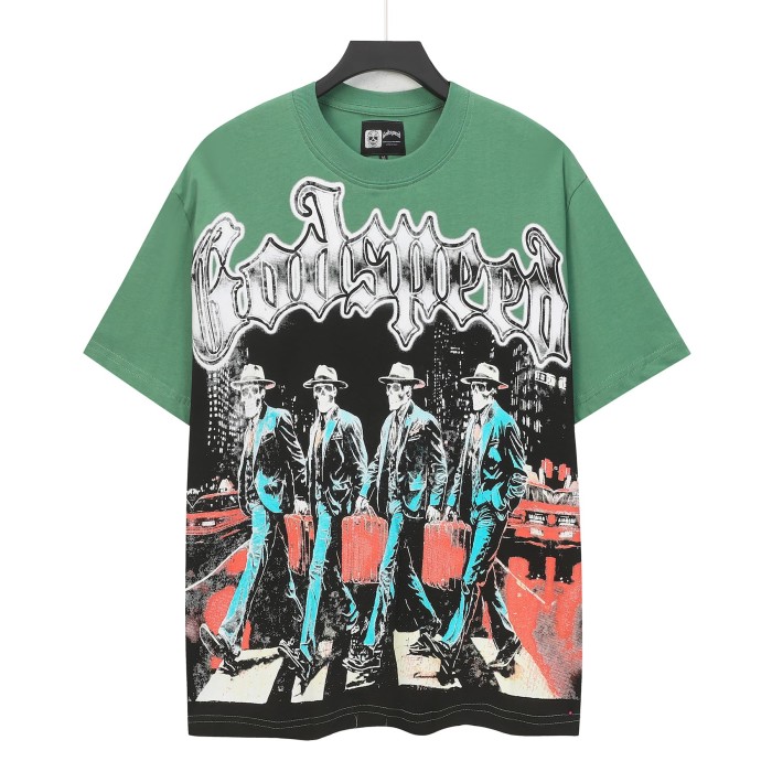 Godspeed Front White Gradient Gothic Script Four Suit Cowboy Hat Skeletons Crosswalk City Building Red Classic Car T-Shirt 2 colors 29353204