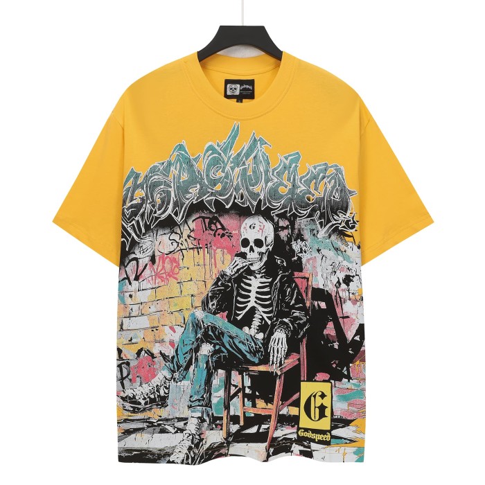 Godspeed Urban Graffiti Hip Hop Streetwear Front Multicolor Bubble Graffiti Script Seated Skeleton Brick Graffiti Wall Graphic T-Shirt 2 colors 29353186
