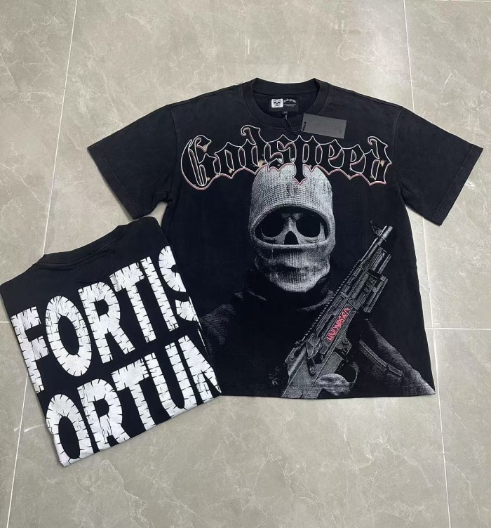 Godspeed Front Black Red Outline Gothic Font Balaclava Skeleton Figure With Rifle Cracked Graphic T-Shirt 2 colors 29353183