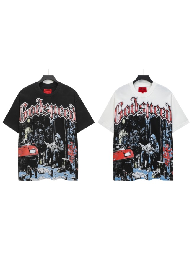 Godspeed Streetwear Front Red White Crackle Gothic Script Hooded Skeleton Reading Newspaper Graffiti Wall Red Sports Car T-Shirt 2 colors 29353219