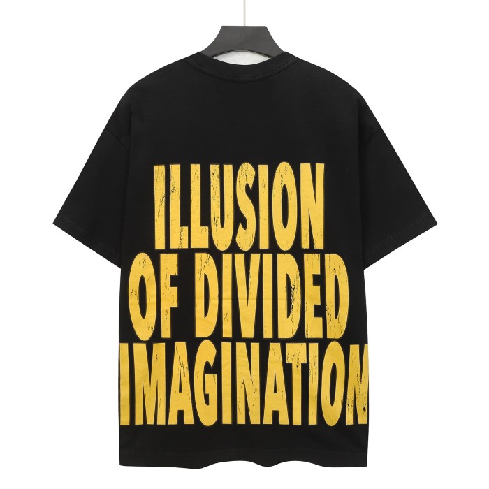 Godspeed Y2K Hip Hop Streetwear Front Yellow Blue Outline Gothic Script Helmeted Cyborg Female Figure Cracked T-Shirt 29353201