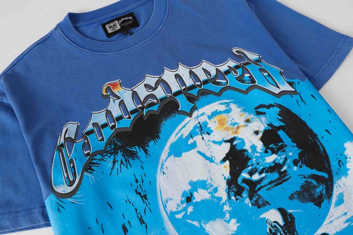 Godspeed White Crackle Outline Gothic Script Human Figure Mechanical Skeleton Sitting On Rock Giant Planet Ocean Sky T-Shirt 29353431