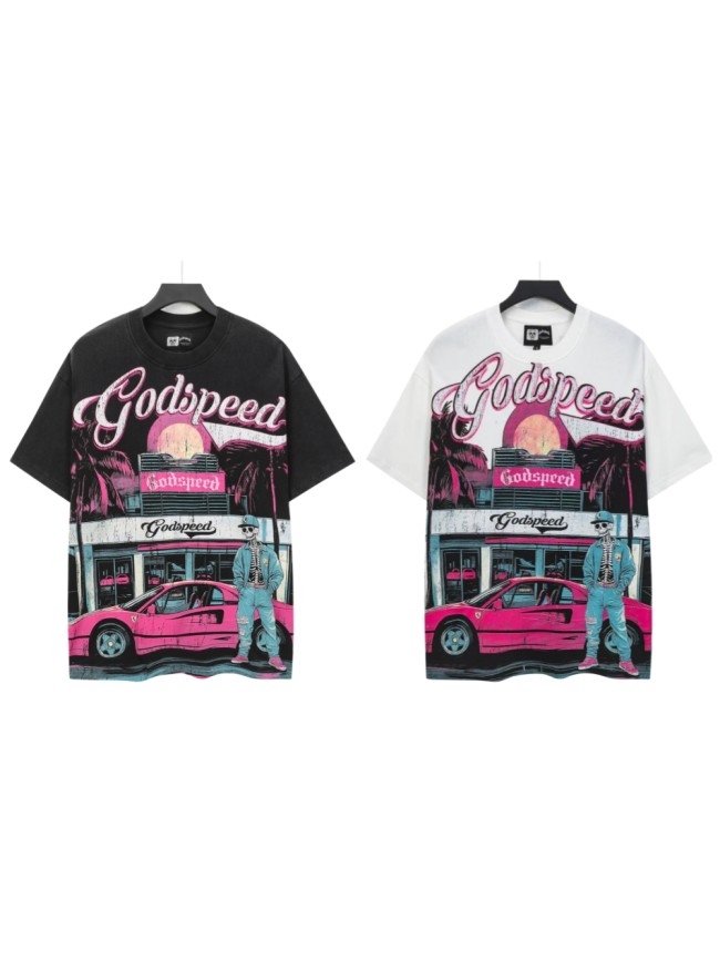 Godspeed Streetwear Front Pink White Gradient Cursive Script Cowboy Skeleton Pink Sports Car Palm Tree Sunset Storefront T-Shirt 2 colors 29353195