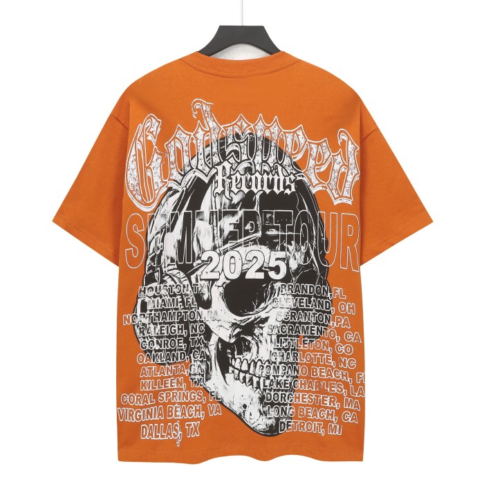 Godspeed Tour Streetwear Front White Crackle Gothic Script Skull Wearing Baseball Cap Headphones Lightning Distressed Graphic T-Shirt 29353185