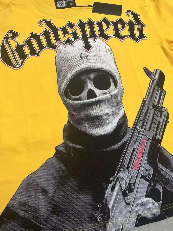 Godspeed Front Black Red Outline Gothic Font Balaclava Skeleton Figure With Rifle Cracked Graphic T-Shirt 2 colors 29353183