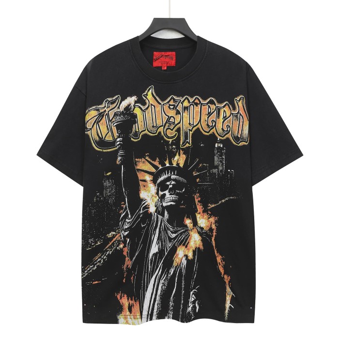 Godspeed Patriotic Hip Hop Streetwear Front Gold Orange Gradient Gothic Script Skull Statue Of Liberty Torch Fire City Skyline T-Shirt 29353196