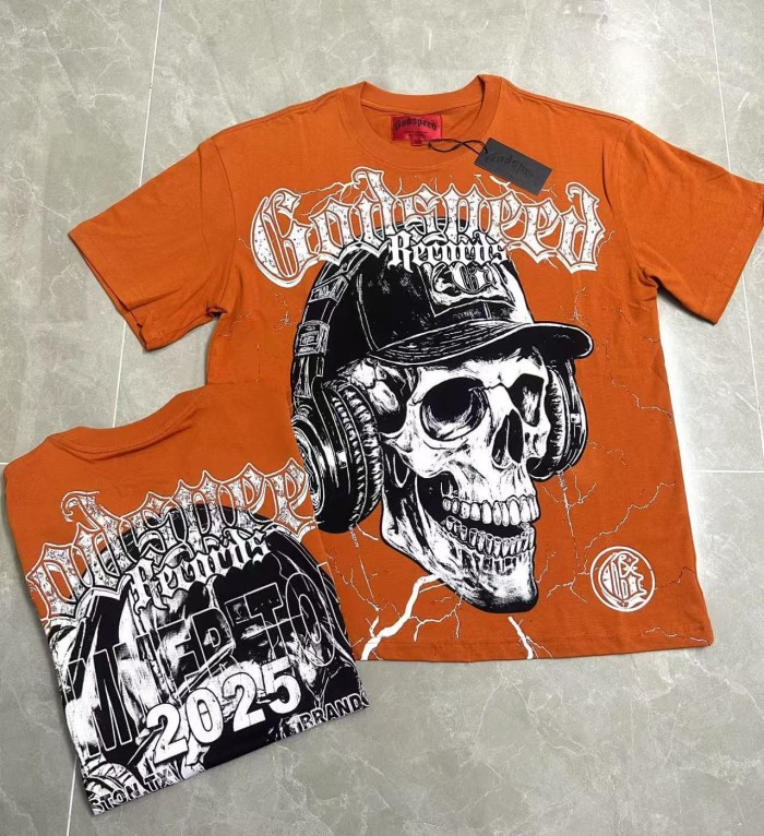 Godspeed Tour Streetwear Front White Crackle Gothic Script Skull Wearing Baseball Cap Headphones Lightning Distressed Graphic T-Shirt 29353185