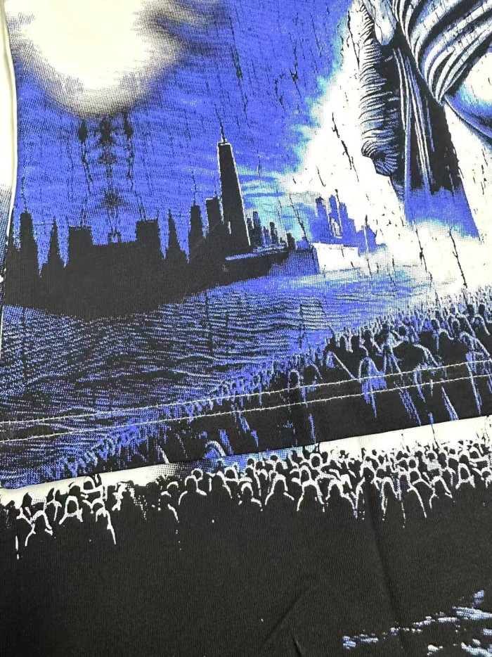 Godspeed Streetwear Front Blue Gradient Outline Gothic Script Bandaged Blindfold Statue Of Liberty City Skyline T-Shirt 2 colors 29353188