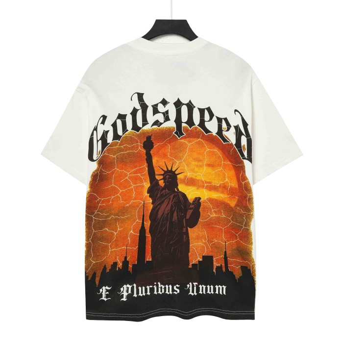 Godspeed Mini Gothic Logo Print Back Large Crackle Sunset Liberty Statue City Silhouette E Pluribus Unum Latin Text T-Shirt 2 colors 29353526