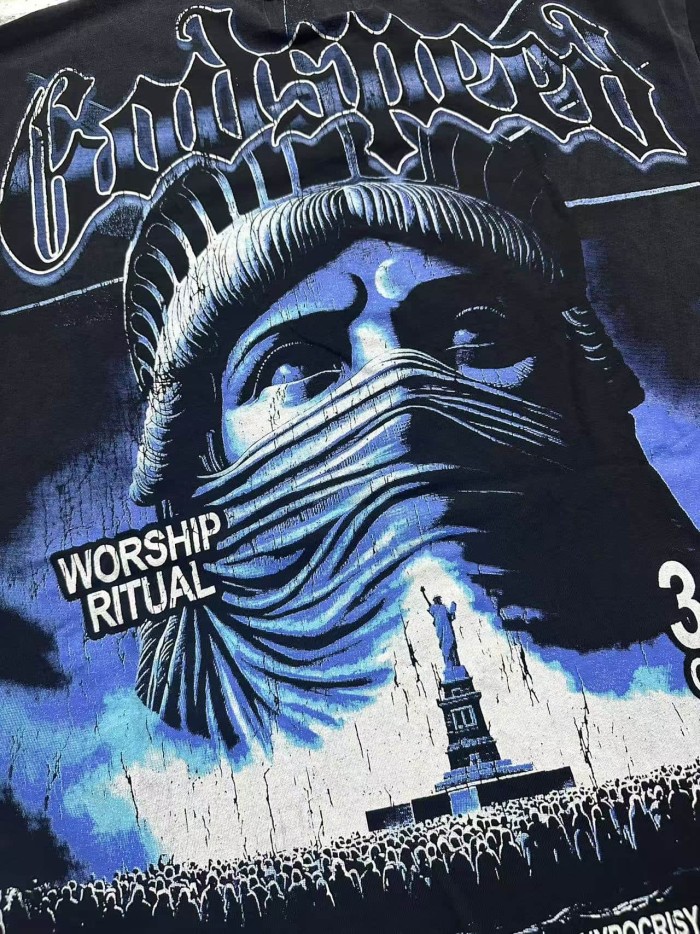 Godspeed Streetwear Front Blue Gradient Outline Gothic Script Bandaged Blindfold Statue Of Liberty City Skyline T-Shirt 2 colors 29353188