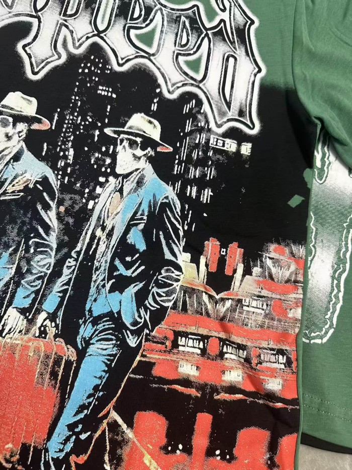 Godspeed Front White Gradient Gothic Script Four Suit Cowboy Hat Skeletons Crosswalk City Building Red Classic Car T-Shirt 2 colors 29353204