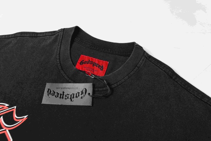 Godspeed Mini Gothic Logo Print Back Large Crackle Sunset Liberty Statue City Silhouette E Pluribus Unum Latin Text T-Shirt 2 colors 29353526