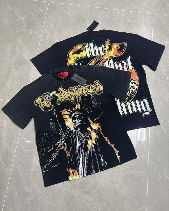 Godspeed Patriotic Hip Hop Streetwear Front Gold Orange Gradient Gothic Script Skull Statue Of Liberty Torch Fire City Skyline T-Shirt 29353196