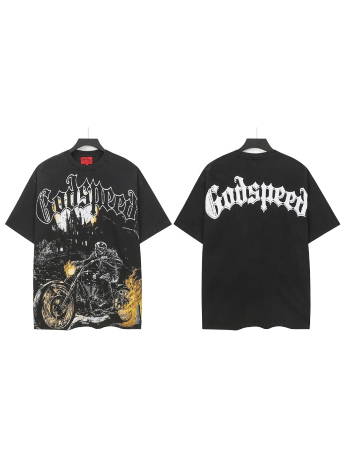 Godspeed Streetwear Front White Outline Gothic Script Helmeted Skeleton Motorcycle Rider Cemetery Castle Fire Flame T-Shirt 29353200