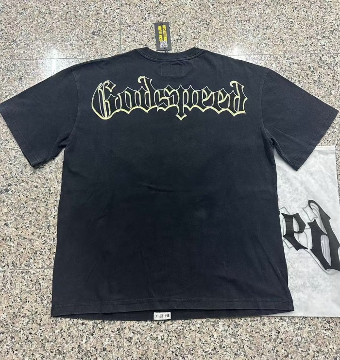 Godspeed Streetwear Front Lime Yellow Outline Gothic Script Tactical Long Hair Man Vintage Sports Car Smoke Explosion T-Shirt 	 29353199