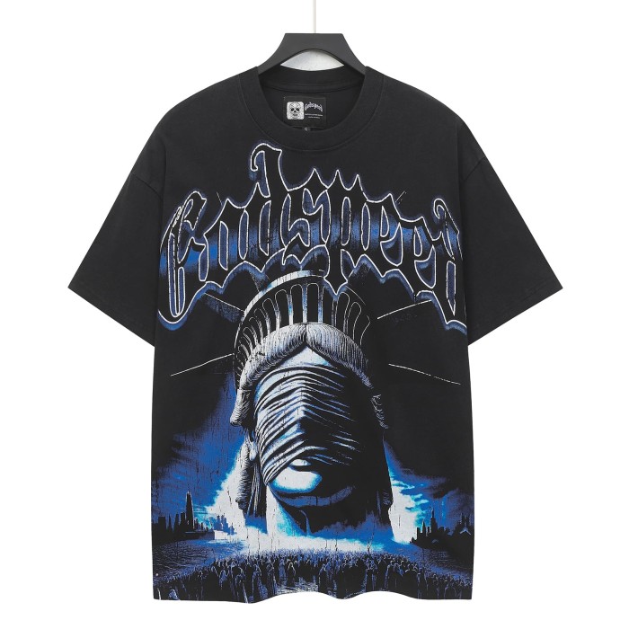 Godspeed Streetwear Front Blue Gradient Outline Gothic Script Bandaged Blindfold Statue Of Liberty City Skyline T-Shirt 2 colors 29353188