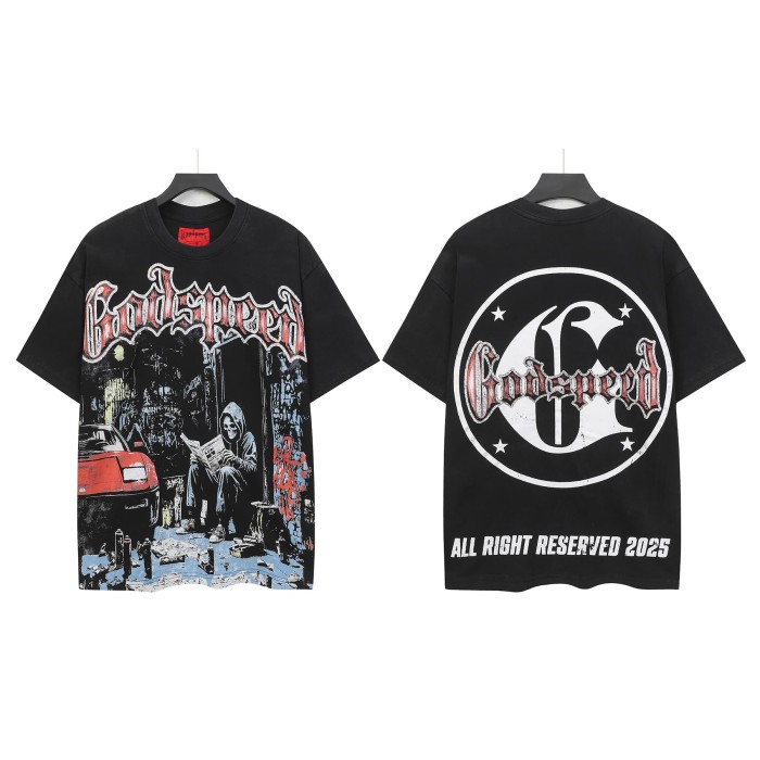 Godspeed Streetwear Front Red White Crackle Gothic Script Hooded Skeleton Reading Newspaper Graffiti Wall Red Sports Car T-Shirt 2 colors 29353219