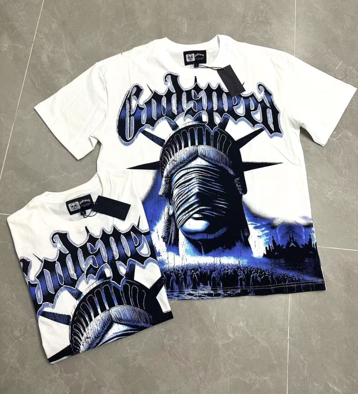 Godspeed Streetwear Front Blue Gradient Outline Gothic Script Bandaged Blindfold Statue Of Liberty City Skyline T-Shirt 2 colors 29353188