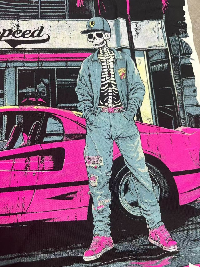 Godspeed Streetwear Front Pink White Gradient Cursive Script Cowboy Skeleton Pink Sports Car Palm Tree Sunset Storefront T-Shirt 2 colors 29353195