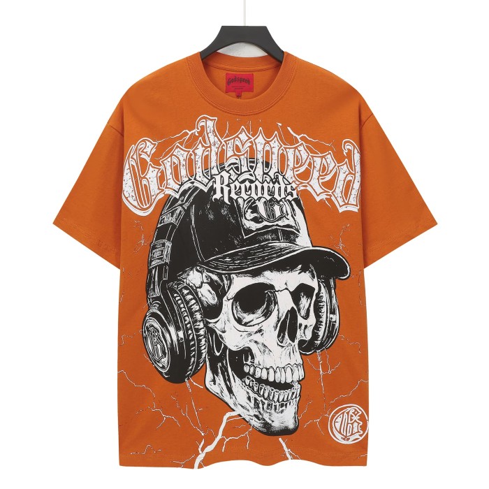 Godspeed Tour Streetwear Front White Crackle Gothic Script Skull Wearing Baseball Cap Headphones Lightning Distressed Graphic T-Shirt 29353185