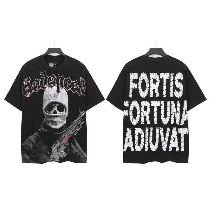 Godspeed Front Black Red Outline Gothic Font Balaclava Skeleton Figure With Rifle Cracked Graphic T-Shirt 2 colors 29353183