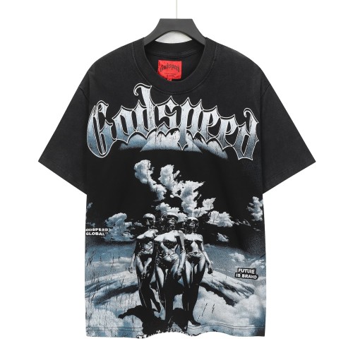Godspeed Hip Hop Streetwear Front Silver Gradient Gothic Script Three Female Figures Cloud Sky Monochrome Cracked Graphic T-Shirt 2 colors 29353191