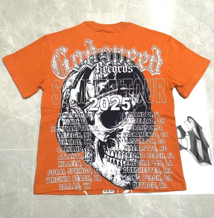 Godspeed Tour Streetwear Front White Crackle Gothic Script Skull Wearing Baseball Cap Headphones Lightning Distressed Graphic T-Shirt 29353185