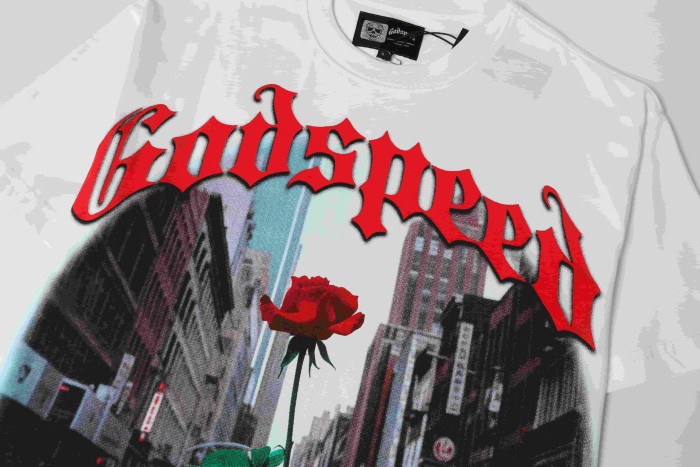 Godspeed Red Outline Gothic Script Single Red Rose Growing On City Street Skyscraper Building Graphic T-Shirt 2 colors 29353544