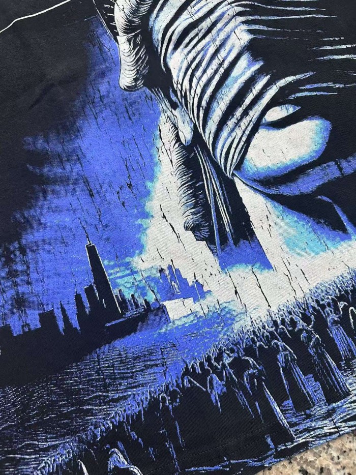Godspeed Streetwear Front Blue Gradient Outline Gothic Script Bandaged Blindfold Statue Of Liberty City Skyline T-Shirt 2 colors 29353188