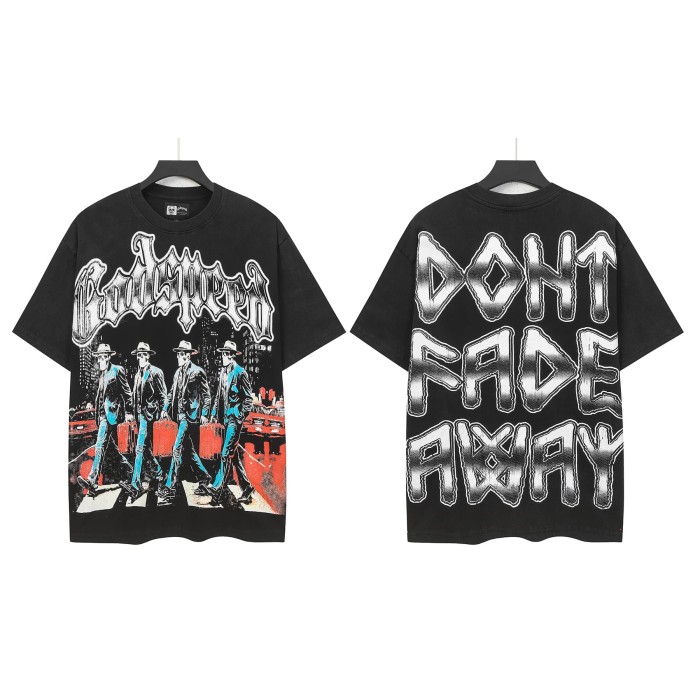 Godspeed Front White Gradient Gothic Script Four Suit Cowboy Hat Skeletons Crosswalk City Building Red Classic Car T-Shirt 2 colors 29353204