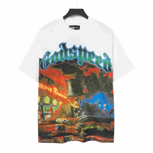 Godspeed Gothic Script Top Hat Skeleton Sitting At Poker Table Neon Bar Background Distressed Graphic T-Shirt 2 colors 29353539