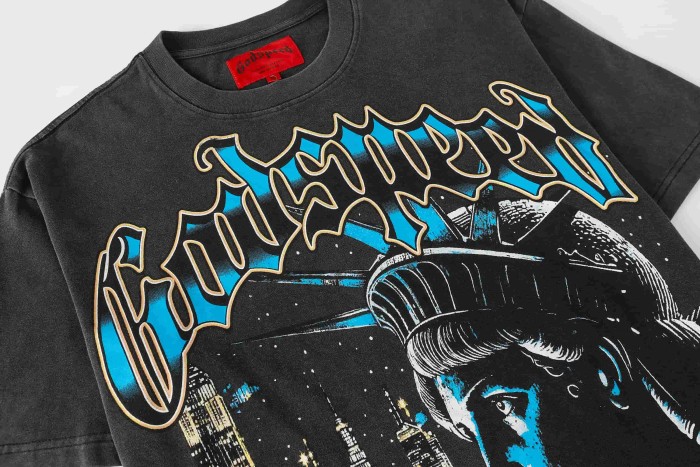 Godspeed Liberty Statue Night Building Gothic Letter Print Back Full Standing Torch Statue Moon Night Graphic T-Shirt 2 colors 29353556