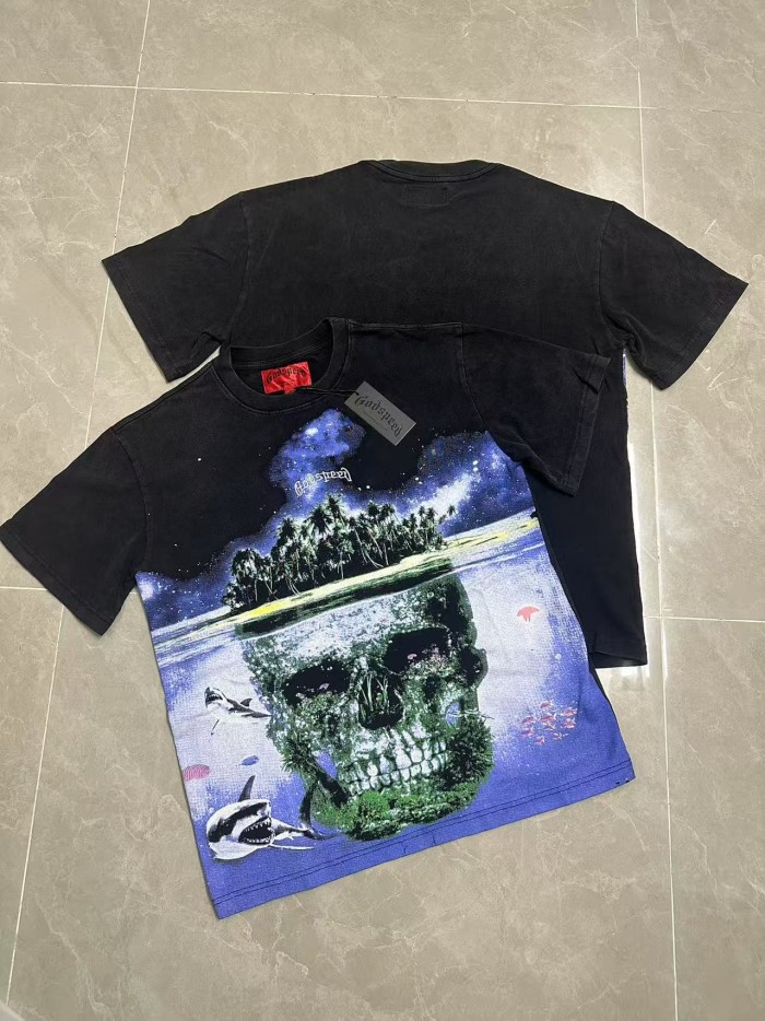 Godspeed Front White Cursive Script Coral Covered Skull Underwater Palm Island Shark Starry Sky T-Shirt 29353442