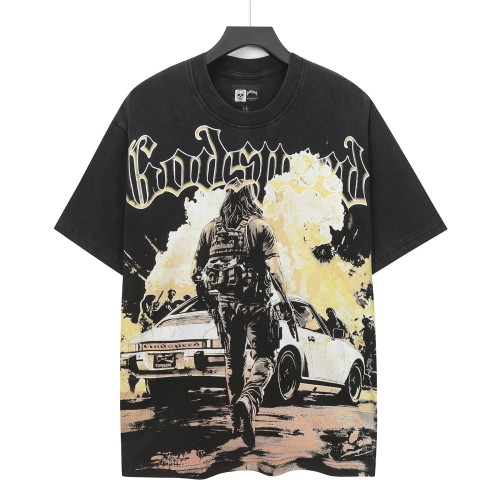 Godspeed Streetwear Front Lime Yellow Outline Gothic Script Tactical Long Hair Man Vintage Sports Car Smoke Explosion T-Shirt 	 29353199