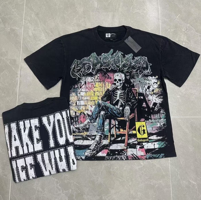 Godspeed Urban Graffiti Hip Hop Streetwear Front Multicolor Bubble Graffiti Script Seated Skeleton Brick Graffiti Wall Graphic T-Shirt 2 colors 29353186